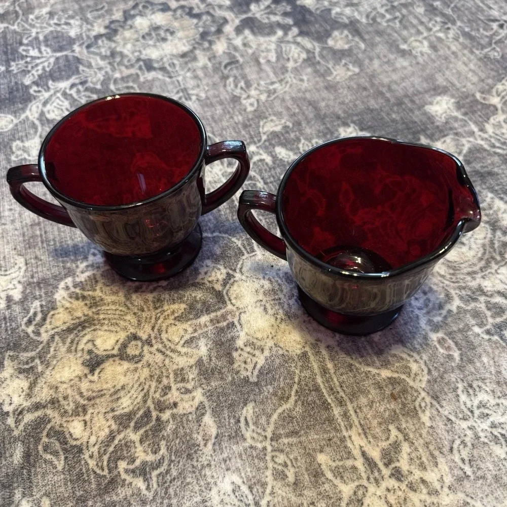 Anchor Hocking Royal Ruby pattern Depression Glass Footed Creamer & Sugar‎